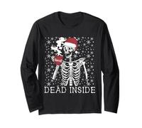 Funny Christmas Skeleton Drinking Coffee Skull Dead Inside Manche Longue