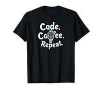 Funny Code Coffee Repeat Programmer Skeleton Hand Design T-Shirt