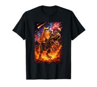 Funny Coffee Orange Cat Riding T-Rex in Cosmic Galaxy UFO T-Shirt