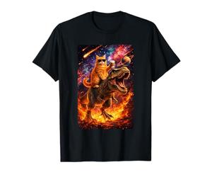 Funny Coffee Orange Cat Riding T-Rex in Cosmic Galaxy UFO T-Shirt