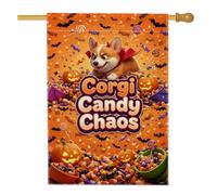 Funny Corgi Drapeau de maison avec citation de bonbons d'Halloween 71,1 x | Costume de diable Corgi, drapeau de cour, piles de maïs bonbon, jack-o-lanternes, décoration d'automne fantaisie