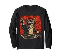 Funny DJ Cat Disco Sound Tech Music Art avec écouteurs Manche Longue