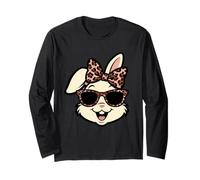 Funny Easter Bunny Face Leopard Bow & Glasses Girls Women Manche Longue
