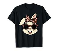 Funny Easter Bunny Face Leopard Bow & Glasses Girls Women T-Shirt