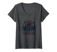 Funny Football Mom : ma joueuse préférée m'appelle Maman T-Shirt avec Col en V, Femme, Chiné Foncé, M