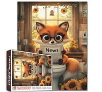 Funny Fox Puzzle de 1 000 pièces pour adultes - Animal mignon - Salle de bain avec lunettes - Lecture de journaux - Humour fantaisiste - Tournesols rustiques - Puzzle stimulant - Décoration