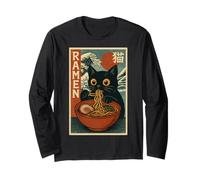 Funny Graphic Vintage Cat Ramen Japanese Ukiyo-e Woodblock Manche Longue