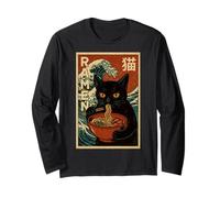 Funny Graphic Vintage Cat Ramen Japanese Ukiyo-e Woodblock Manche Longue