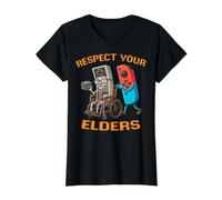 Funny Retro Meme Respect Your Elders Gamer Jeu vidéo T-Shirt Graphique avec Valeur, Femme, Noir, S