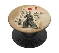 Funny Samurai Cat Warrior Japanese Ukiyo-e Ink Wash Painting PopSockets PopGrip Adhésif