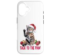 Funny Santa Cat Talk to The Paw empêtré dans la lumière de Coque pour iPhone 16