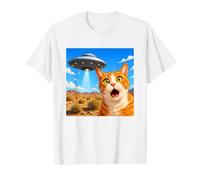 Funny Shocked Cat UFO Desert Alien Encounter Graphic T-Shirt Graphique avec Valeur, Homme, Blanc, L