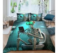 Funny skeleton Housse de Couette Facile d'entretien 3 Pièces 3D Imprimée Glowing eyes humor style Linge de Lit avec Fermeture Éclair Respirante for Adulte Enfants Filles Super king（260x220cm）
