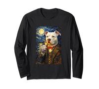 Funny Smoking Heterochromatic Pitbull Artwork Dog in Suit Manche Longue