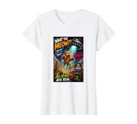 Funny UFO Cat Alien Abduction Retro Comic Design T-Shirt Graphique avec Valeur, Femme, Blanc, XL