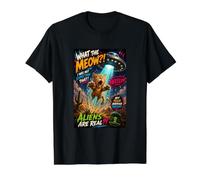 Funny UFO Cat Alien Abduction Retro Comic Design T-Shirt Graphique avec Valeur, Homme, Noir, S