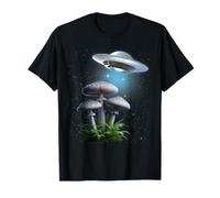 Funny UFO Hovering Over Weird Mushrooms Sci-fi Magic Shrooms T-Shirt