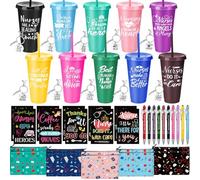 Funnymoom Lot de 50 gobelets colorés en vrac de 710 ml avec couvercles, trousses de maquillage pour infirmière, porte-clés seringue, mini carnets et stylos - Cadeaux de remerciement pour infirmières