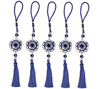FUNOMOCYA Lot De 5 Ornements Suspendus Ronds De Cœur Ajouré Bleus en Verre Le Mauvais Œil, Décoration Perlée pour Rétroviseur De Voiture, Charme Protecteur Turc Pampilles, pour Voiture Et Maison