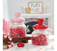 FunouHome Décorations de Saint-Valentin - Lot de 2 bocaux en verre avec couvercle en céramique en forme de cœur - Rangement en verre pour chocolats, bonbons, cadeaux, centres de table, décoration de