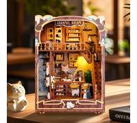 FUNPOLA Kit de Puzzle en Bois 3D Book Nook, Insert Café des Chats Rêve Caramel avec Lumières LED, Décor de Porte-Livre Miniature DIY Cadeau pour Amateurs de Chats et Adolescents(Caramel Dream)