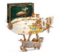 FUNPOLA Steampunk Volant 3D Puzzle LED Construire Dirigeable Bois (Blanc) | Maquette en Bois à Construire, 473 Pièces, 3 Modes Lumineux Chaleureux, Montage 6-10H, un Cadeau Prêt à Offrir, Décor Magique