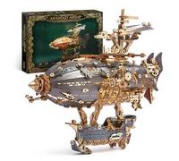 FUNPOLA Steampunk Volant 3D Puzzle LED Construire Dirigeable Bois (Gris) | Maquette en Bois à Construire, 648 Pièces, 3 Modes Lumineux Chaleureux, Montage 6-10H, un Cadeau Prêt à Offrir, Décor Magique