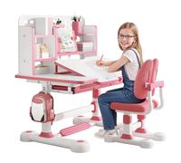 funrautz Bureau pour enfant avec chaise réglable en hauteur avec étagère et tiroir, plateau de table inclinable de 0 à 50 °, kit d'apprentissage ergonomique pour enfants à partir de 3 ans, rose