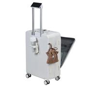 funrautz Valise à coque rigide, légère de 61 cm, ouverte sur le devant, valise de voyage moyenne à 4 roues, valise de voyage avec porte-gobelet et support de téléphone, 63 x 39 x 25 cm, blanc