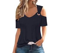 FUNRKLI Grande Taille épaules dénudées Hauts pour Les Femmes été à la Mode découpé Hauts lâche col en V t-Shirt Tuniques décontractées Sexy à Manches Courtes