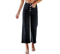 FUNRKLI Jean large pour femme taille haute extensible jambe droite boutonnée pantalon en jean ample avec poche, Noir/blanc, XL