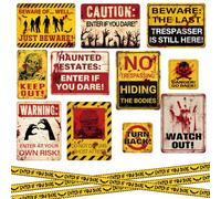Funrous Lot de 11 panneaux d'avertissement d'Halloween - Cartes de panneau d'horreur avec ruban d'avertissement jaune - Accessoires vintage de maison hantée pour Halloween, fête zombie, cour, porte