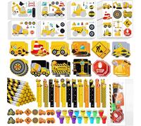Funrous Lot de 192 mini tampons pour fête sur le thème de la construction - Cadeau de fête d'anniversaire en vrac - Mini carnet de notes - Règle - Gomme à faire soi-même - Ensemble cadeau pour sac à