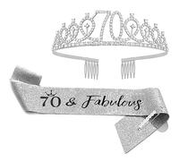 FUNSACHY Ensemble écharpe et diadème à strass pour 70e anniversaire - Cadeau d'anniversaire pour femme - Décoration de fête pour femme (argenté)