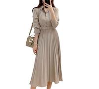 FUNSEED Robe de printemps élégante couleur unie chemise cintrée midi robe plissée