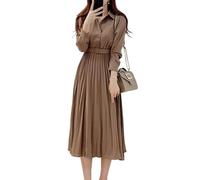 FUNSEED Robe de printemps élégante couleur unie chemise cintrée midi robe plissée