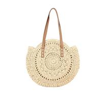 FUNSEED Sac fourre-tout en paille de blé pour femme, sac à main tissé à la main, sac à bandoulière rond creux, Beige H, Taille unique