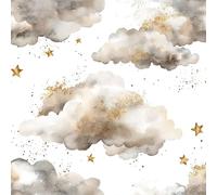 FunStick 44.5CM×9M Papier Peint Adhesif Mural Blanc Nuage et Étoile Stickers Muraux Salle de Bain Papier Peint Autocollant Aquarelle Nuage Conte de Fées Rouleau Adhesif Mural Chambre Blanc et Gris