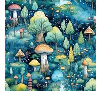 FunStick 44.5CMx9M Papier Peint Adhesif Mural Decoratif Vert - Chambre Salle de Bain Bleu avec Motif Champignons Forêt