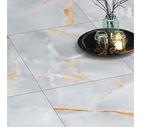 FunStick Carreaux Vinyle Adhesif Sol Gris Or Dalle PVC Adhesive Sol Cuisine Buanderie Imperméable Sol PVC Gris Doré Stickers Carrelage Sol Salle de Bain 30x30CM 5 Dalles Autocollantes pour Sol Gris