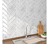FunStick Credence Adhesive pour Cuisine Bois Dalle PVC Adhesive Murale Salon Blanc Gris Stickers Muraux Salle de Bain Carrelage Adhesif Mural Cuisine Gris et Blanc Chevrons Carreaux 30×30CM 5 Dalles