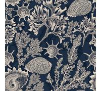FunStick Papier Peint Adhesif Mural Bleu Salle de Bain Papier Peint Mer Coquillage et Mer Corail Algues Vinyle Adhesif pour Meuble Bleu Marine Papiers Peints Autocollant Mural Chambre Motif 44.5CMx3M
