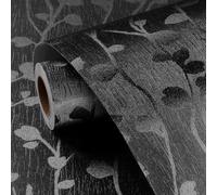 FunStick Papier Peint Chambre Noir Papiers Peints Adhesif Mural Motif Feuilles Papier Adhesif pour Meuble Noir Vinyle Autocollant Salle de Bain Papiers Peints Adhésif Motif Feuilles Branche 40CMx2M