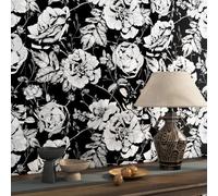 FunStick Papier Peint Fleuri Noir et Blanc Papier Peint Adhesif Mural Noir et Blanc Fleur Vinyl Adhesif Noir Papier Adhesif pour Meuble Cuisine Salle de Bain Fleurs Gothique Noir Décoratif 44.5CM×3M