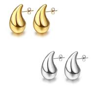 Funte® Boucles d'oreilles créoles épaisses plaquées or 18 carats en forme de larme pour femme - Hypoallergéniques - Boucles d'oreilles pendantes légères avec tige en argent sterling pour femmes et