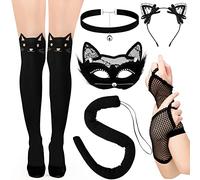Funtery Costume de chat noir pour femme comprenant un masque de mascarade, des chaussettes de chat, des oreilles en dentelle, un collier ras du cou, des gants en résille, une bonneterie pour Halloween