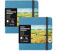 Funto Journal Aquarelle, Carré, Papier à Grain Fin Double Face, 5,5" x 5,5", Portable 2-Pack, 48 Pages Chaque, Couverture Bleue avec Bande Élastique, 110 lb/230gsm