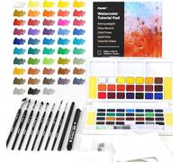 Funto Trousse de peinture aquarelle, 48 couleurs, bloc de tutoriel, 8 pinceaux, crayon, fineliner, gomme, ruban adhésif, taille-crayon, vaporisateur, trousse de peinture pour adultes, débutants