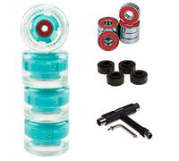 FunTomia - Lot de 4 grosses roues de skateboard ou longboard à LED - 65 x 45 mm - 80 A avecroulements et espaceurs magnétique Mach1®, dureté 80 A, 4x petrol LED Rollen + 1x T-Tool