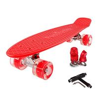 FunTomia Planche à roulettes Mini-Board Skateboard 57cm - avec roulements ABEC-11 - Style Retro Cruiser en Plastique (Rouge - avec LED Roues Rouge + T-Tool)